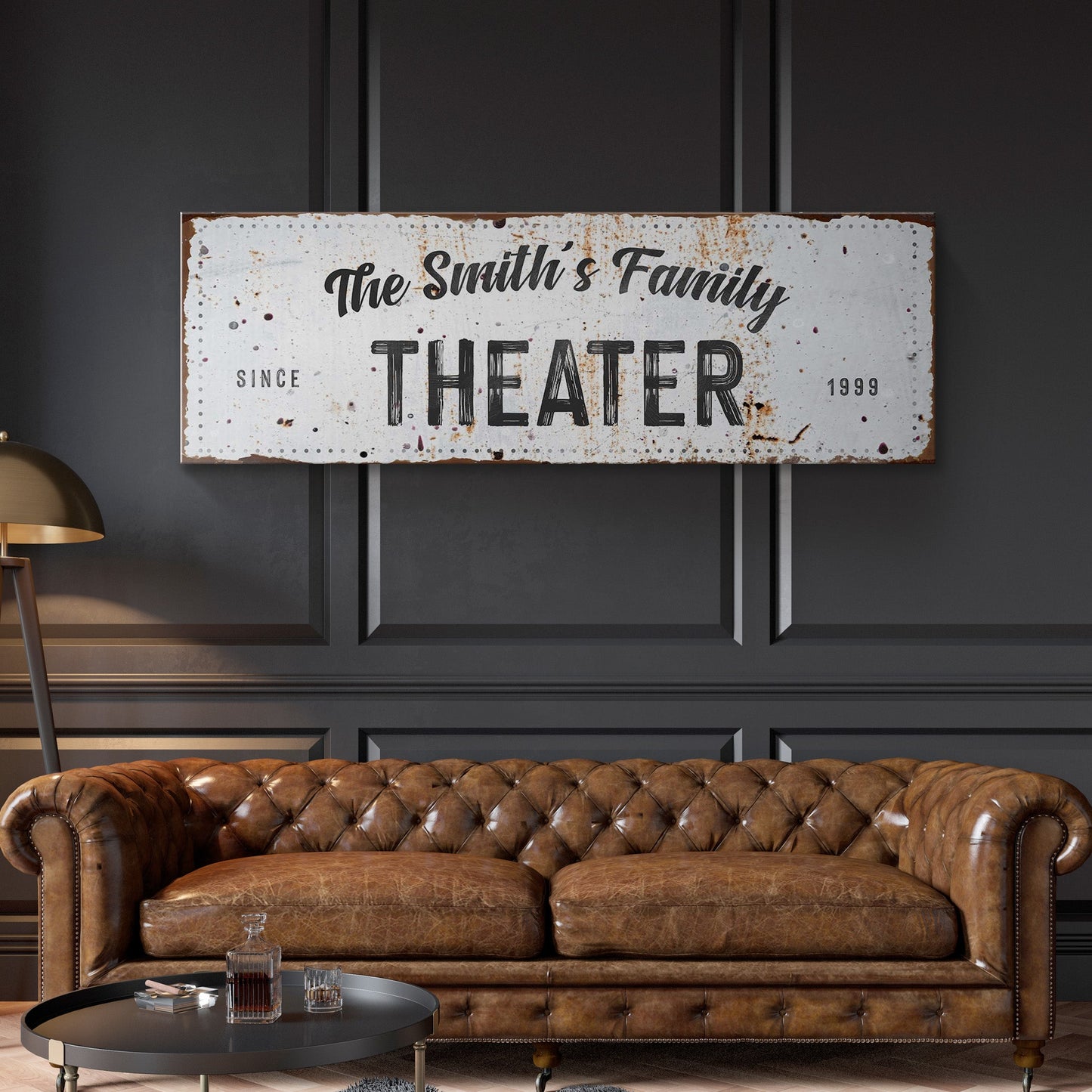 Family Theater Sign canvas by Tailored Canvases, rustic white panel with rust specks and bold theater text on Tampa Home & Garden Store