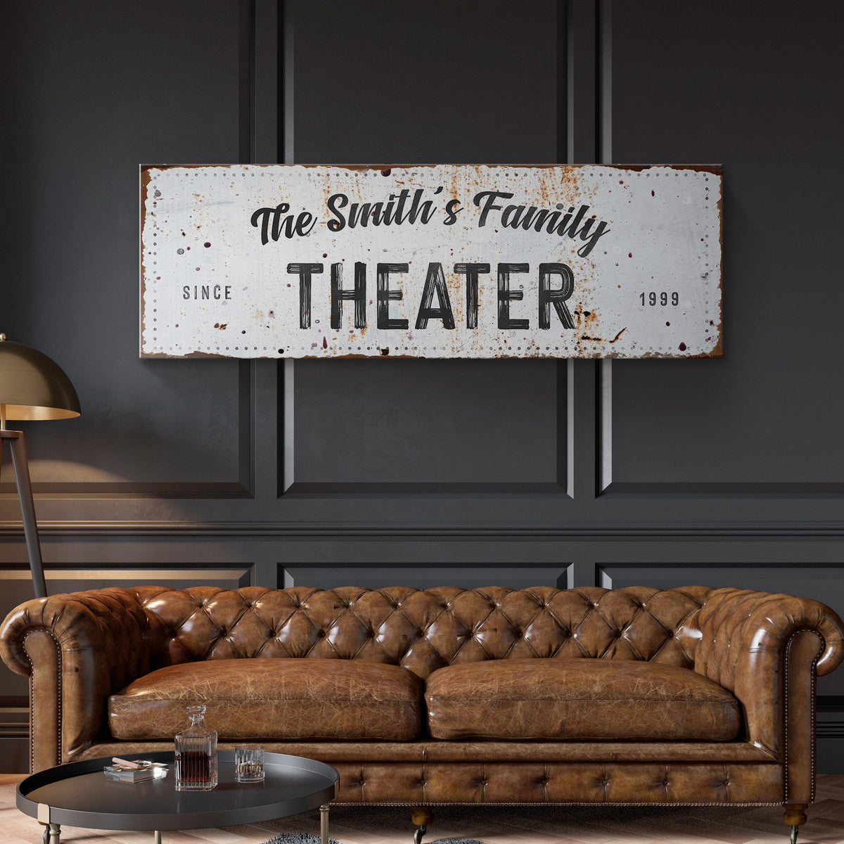 Family Theater Sign canvas by Tailored Canvases, rustic white panel with rust specks and bold theater text on Tampa Home & Garden Store