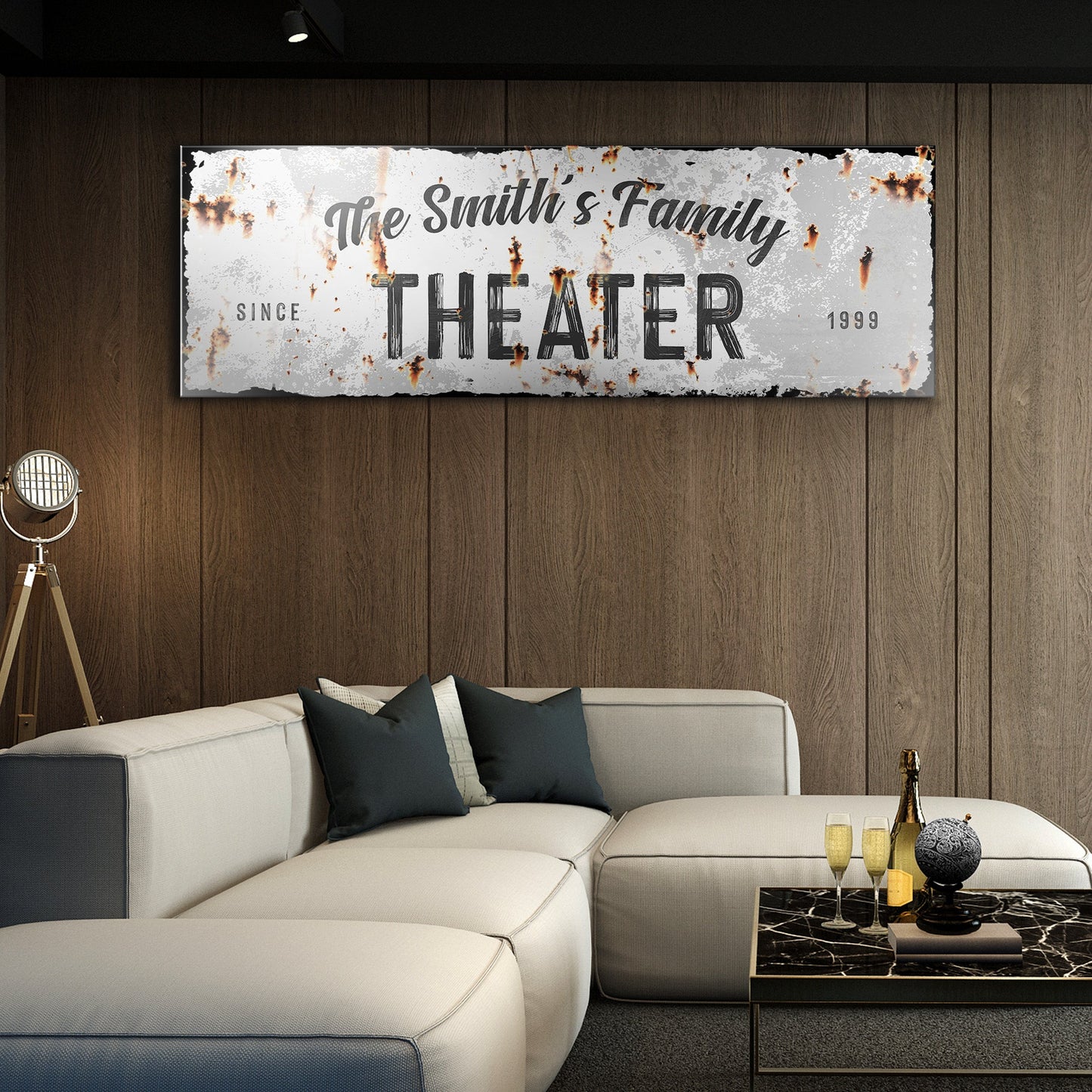 Family Theater Sign canvas wall art distressed white rust finish Tailored Canvases on Tampa Home & Garden Store