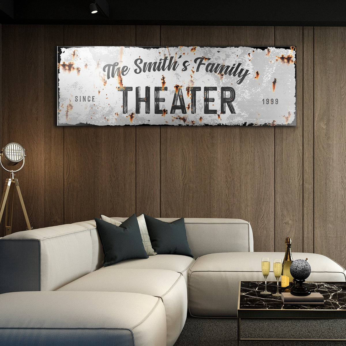 Family Theater Sign canvas wall art distressed white rust finish Tailored Canvases on Tampa Home & Garden Store