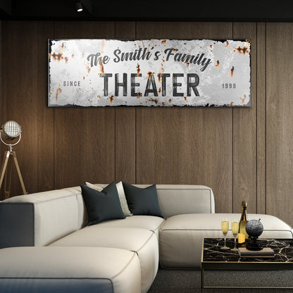 Family Theater Sign canvas wall art distressed white rust finish Tailored Canvases on Tampa Home & Garden Store
