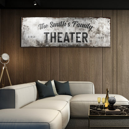 Family Theater Sign canvas by Tailored Canvases; distressed metallic gray look on wood wall on Tampa Home & Garden Store