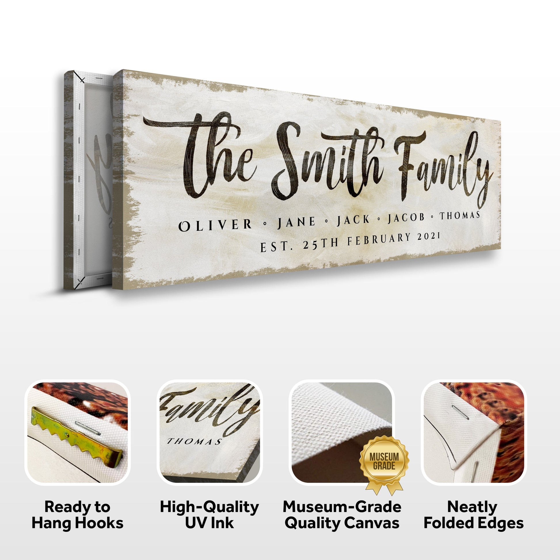 Tailored Canvases Family Sign II canvas wall art with beige edges and The Smith Family script on Tampa Home & Garden Store