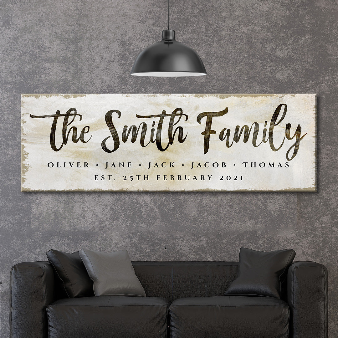 Family Sign II canvas wall art with cream finish and The Smith Family script Tailored Canvases on Tampa Home & Garden Store