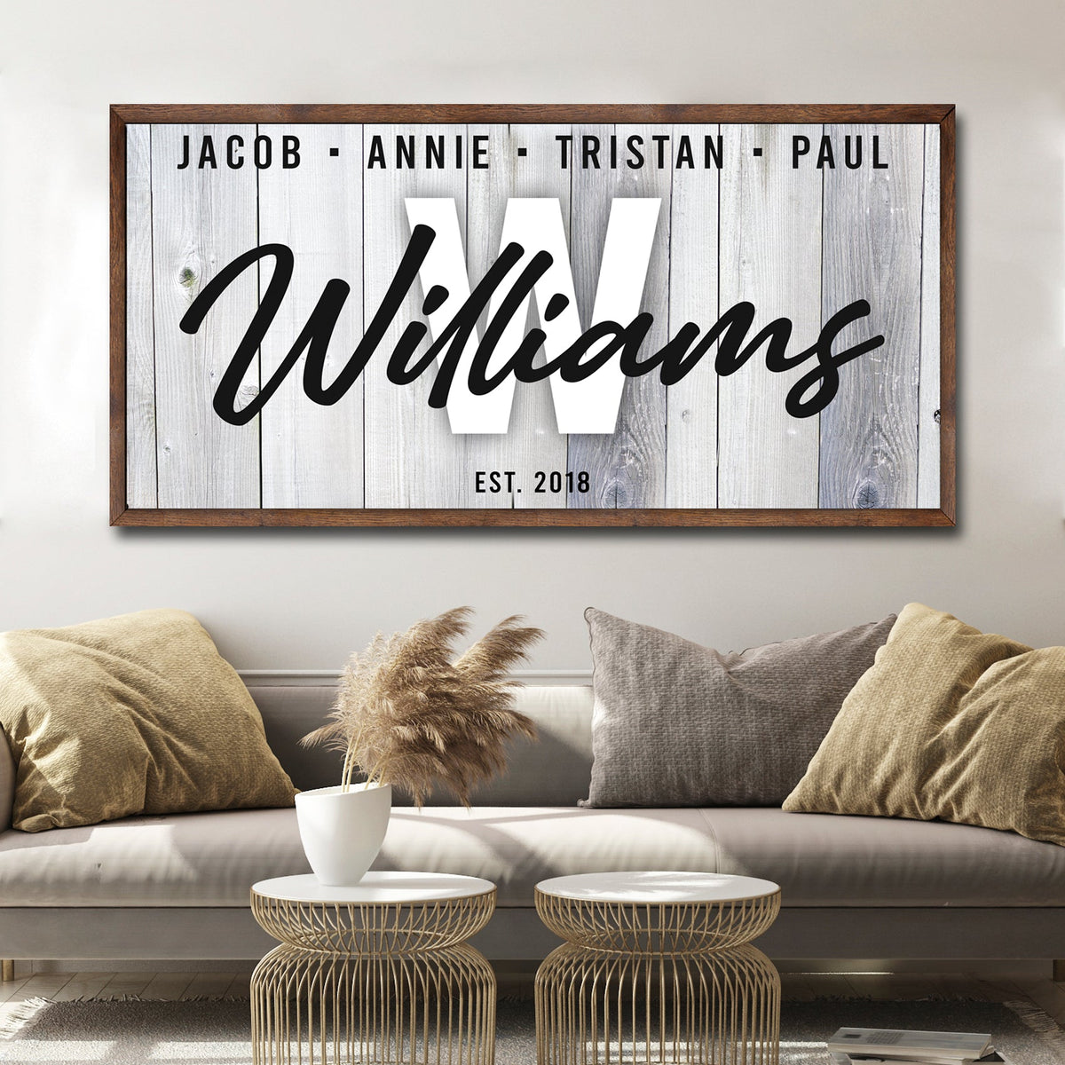 Family Wood Sign canvas with rustic planks and Williams script top names Jacob Tristan Paul on Tampa Home & Garden Store