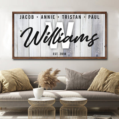 Family Wood Sign canvas with rustic planks and Williams script top names Jacob Tristan Paul on Tampa Home & Garden Store