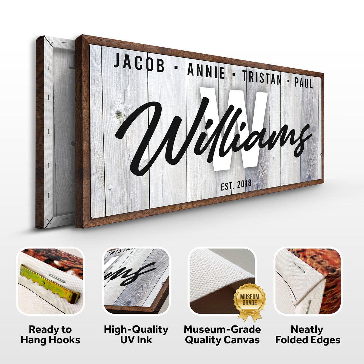 Family Wood Sign canvas by Tailored Canvases, rustic wood frame with names JACOB ANNIE TRISTAN PAUL on Tampa Home & Garden Store