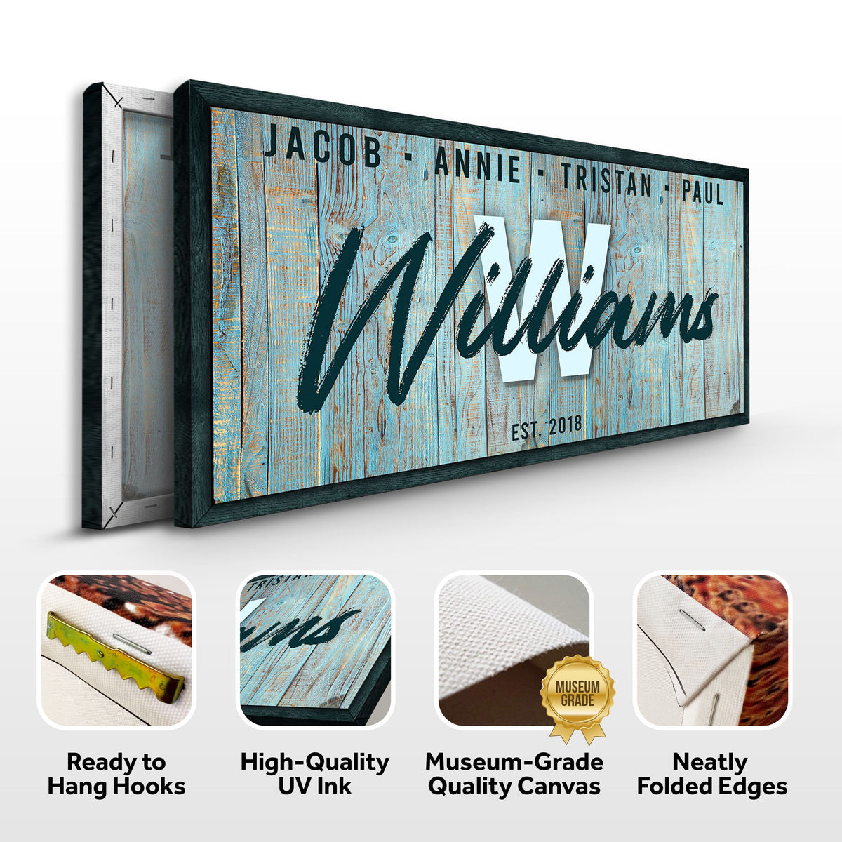 Family Wood Sign IV canvas with blue weathered wood and names Jacob Annie Tristan Paul on Tampa Home & Garden Store