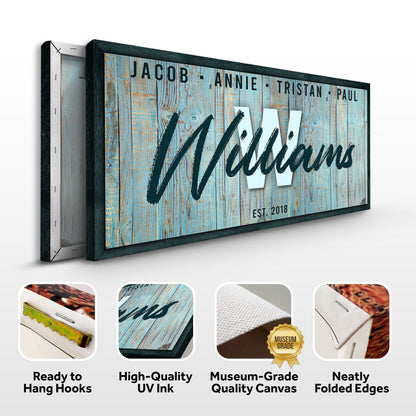 Family Wood Sign IV canvas with blue weathered wood and names Jacob Annie Tristan Paul on Tampa Home & Garden Store