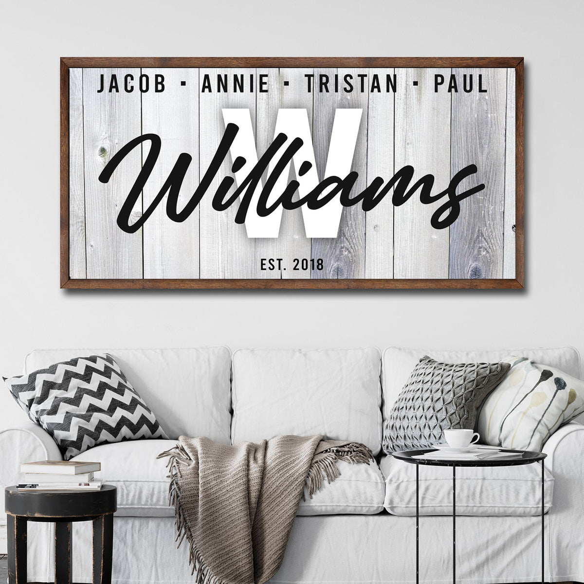 Family Wood Sign canvas with whitewashed planks and Williams script by Tailored Canvases on Tampa Home & Garden Store