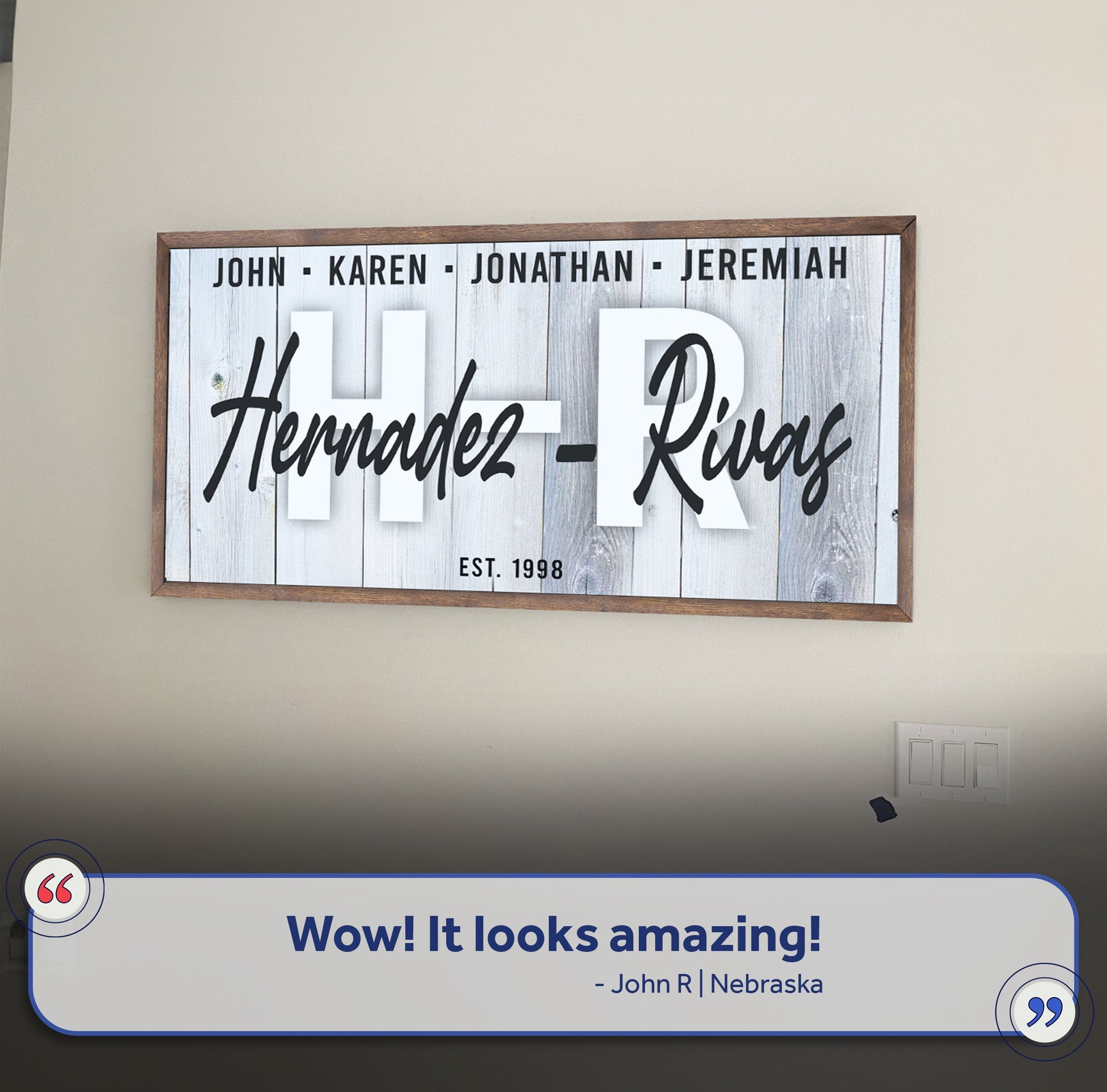 Family Wood Sign canvas art on whitewashed planks with script names Tailored Canvases on Tampa Home & Garden Store