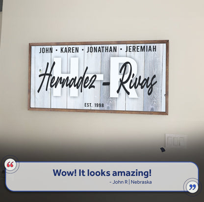 Family Wood Sign canvas art on whitewashed planks with script names Tailored Canvases on Tampa Home & Garden Store