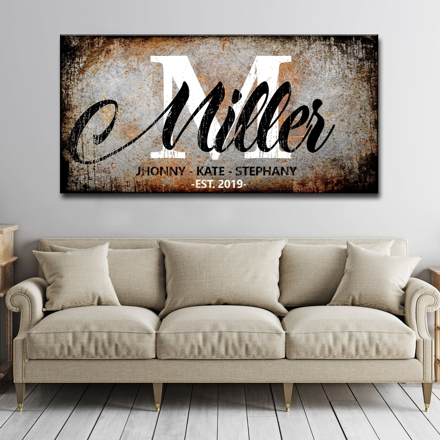 Family Last Name Sign canvas with rustic texture, white M over black Miller script on Tampa Home & Garden Store