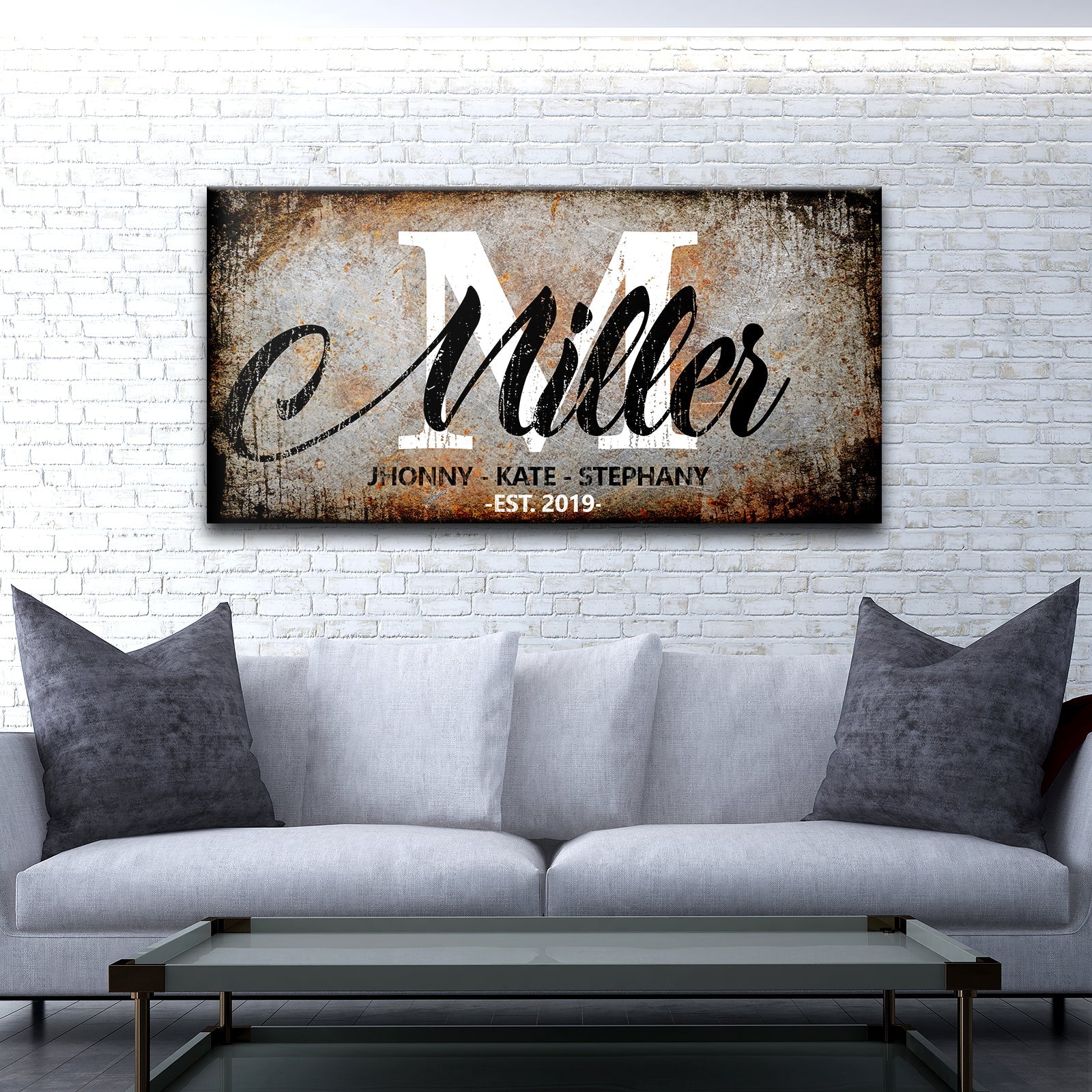 Family Last Name Sign canvas by Tailored Canvases with rustic texture and Miller script on Tampa Home & Garden Store