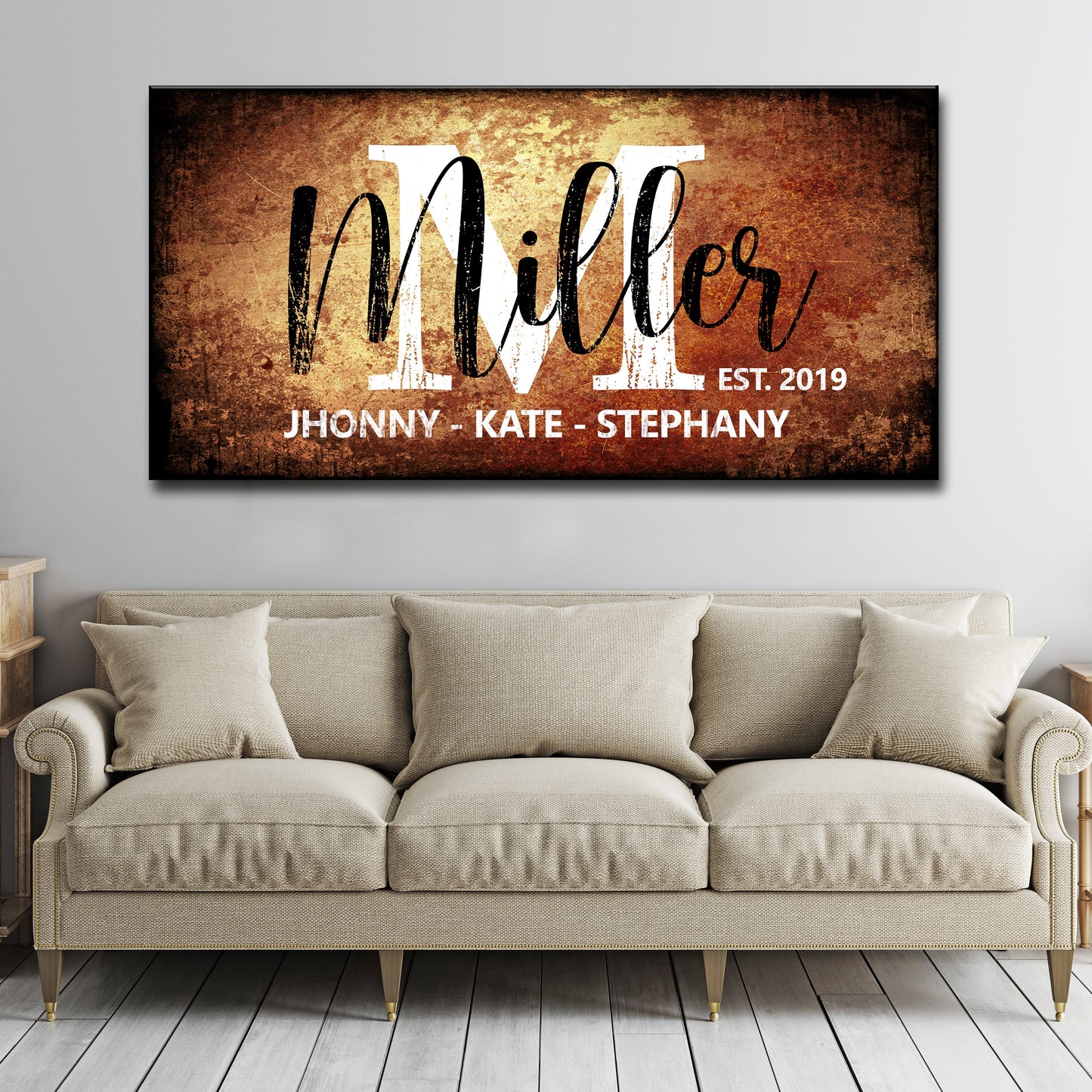 Family Last Name Sign canvas with white block letters and black script on rustic brown backdrop on Tampa Home & Garden Store