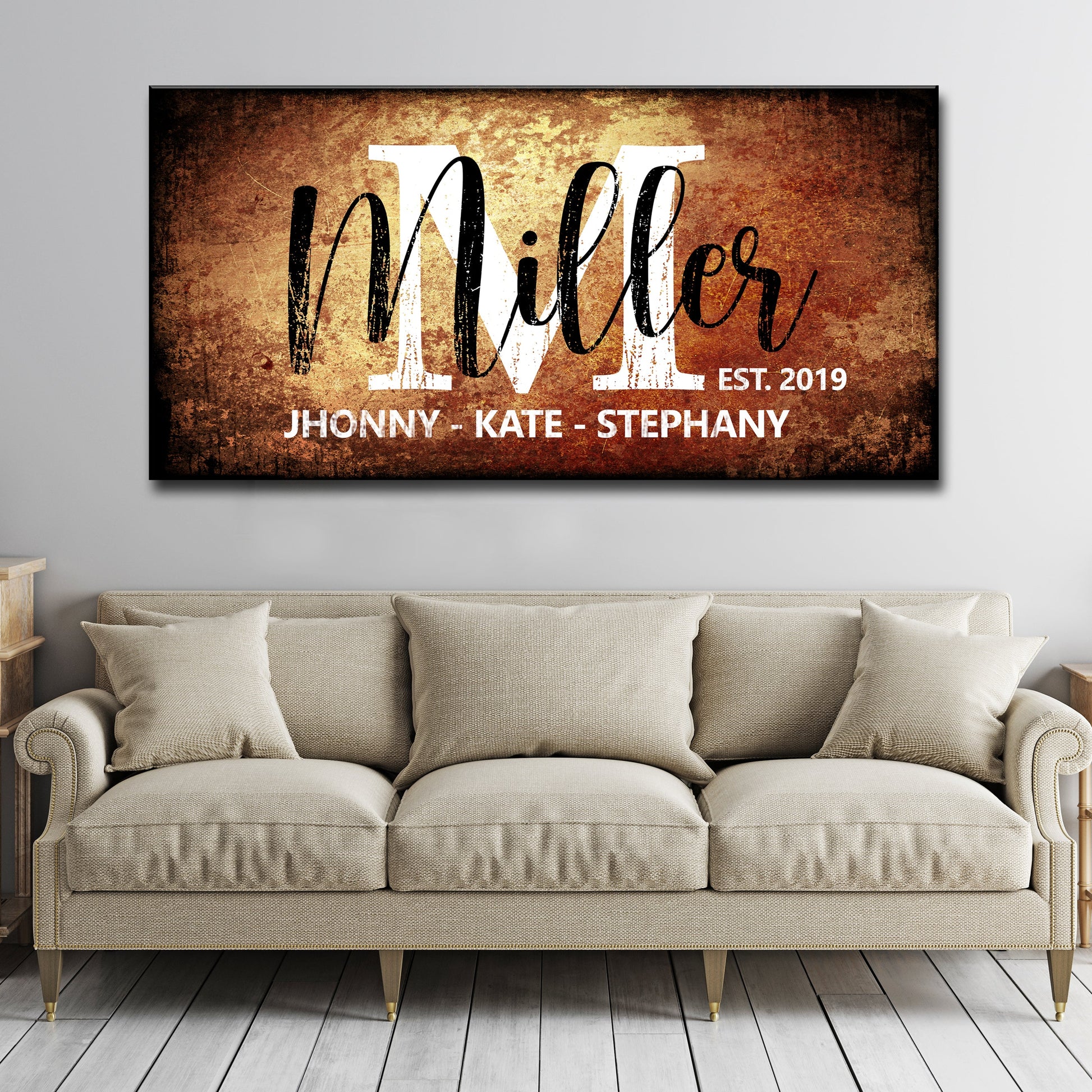 Family Last Name Sign canvas with white block letters and black script on rustic brown backdrop on Tampa Home & Garden Store