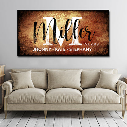 Family Last Name Sign canvas with white block letters and black script on rustic brown backdrop on Tampa Home & Garden Store