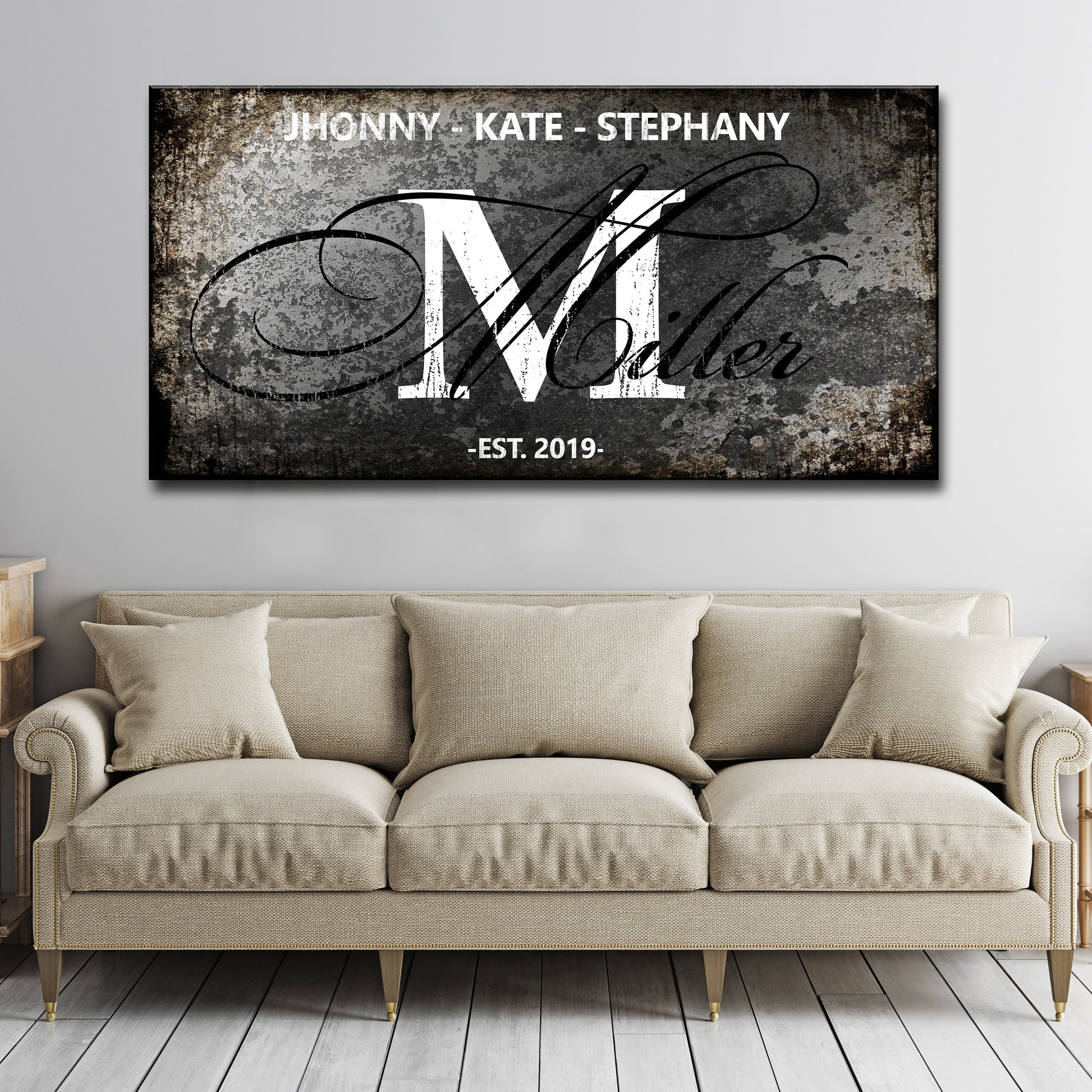 Family Last Name Sign canvas by Tailored Canvases with gray texture and monogram script on Tampa Home & Garden Store