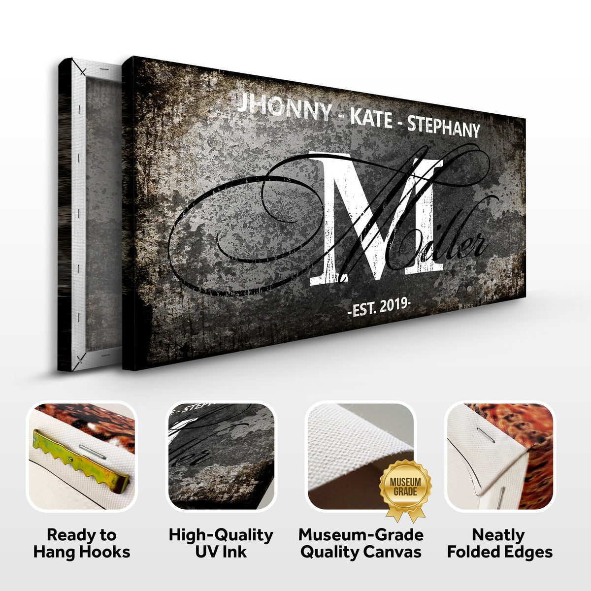 Family Sign XVIII canvas by Tailored Canvases Johnny-Kate-Stephanie on textured background on Tampa Home & Garden Store