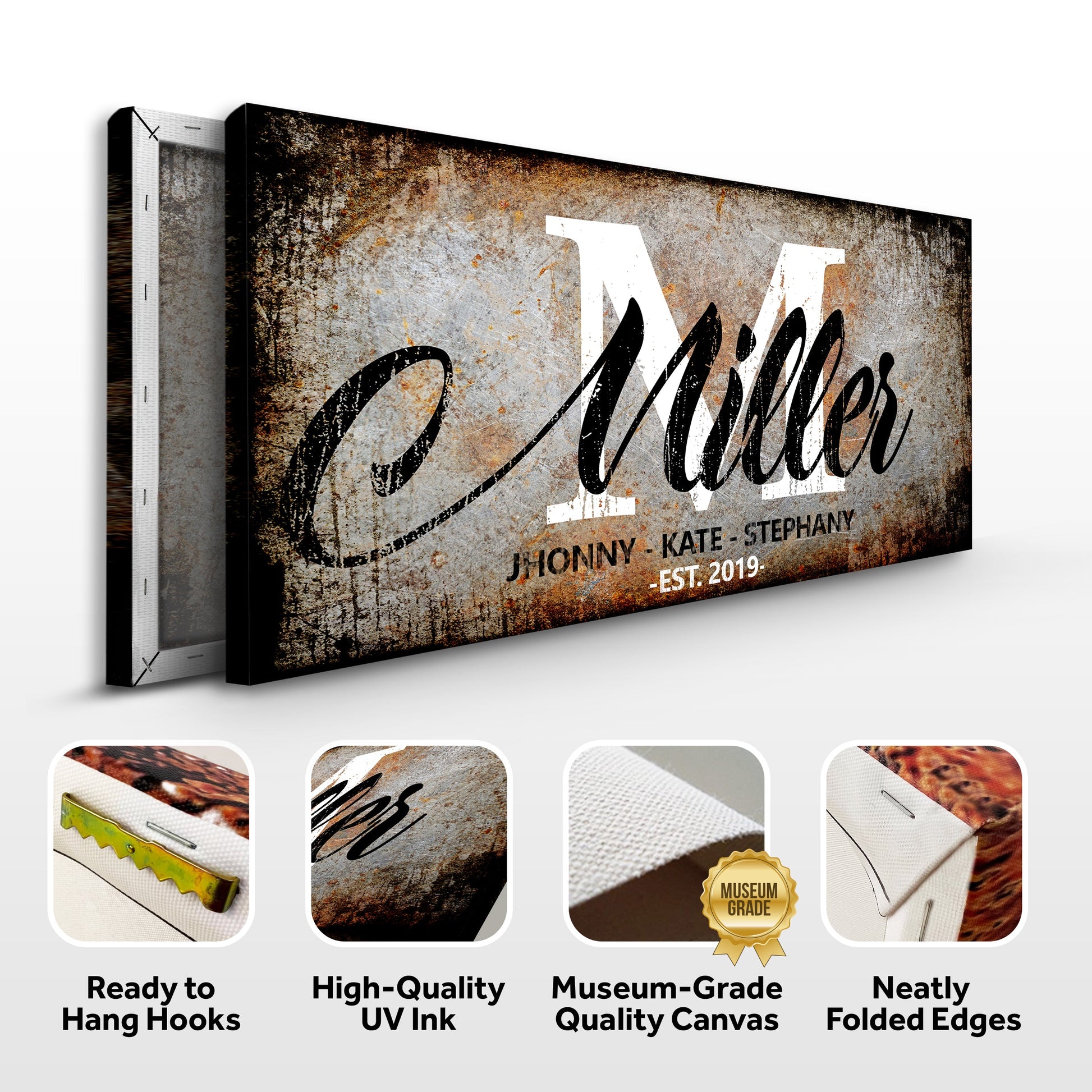 Family Last Name Sign canvas with distressed rustic texture and elegant cursive name on Tampa Home & Garden Store