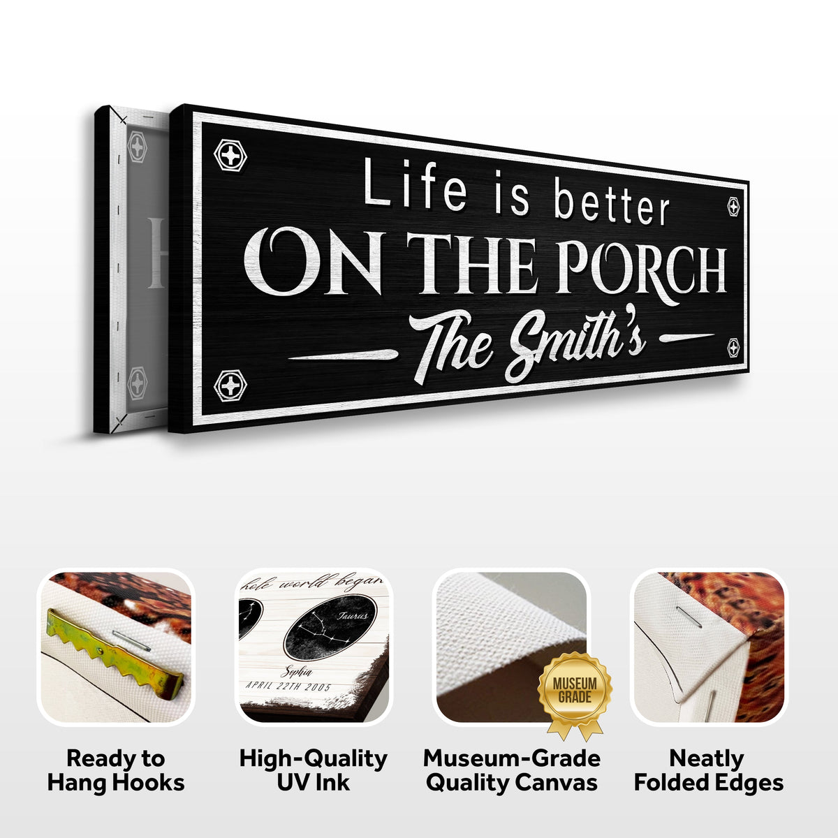 Family Name Porch Sign canvas black with white serif text framed border Tailored Canvases on Tampa Home & Garden Store