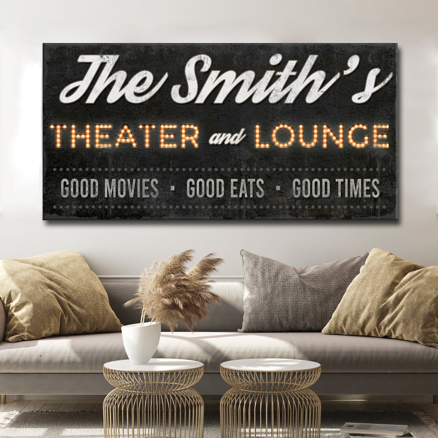 Family Theater and Lounge Sign III canvas by Tailored Canvases with black and amber marquee on Tampa Home & Garden Store