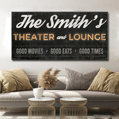 Family Theater and Lounge Sign III canvas by Tailored Canvases with black and amber marquee on Tampa Home & Garden Store