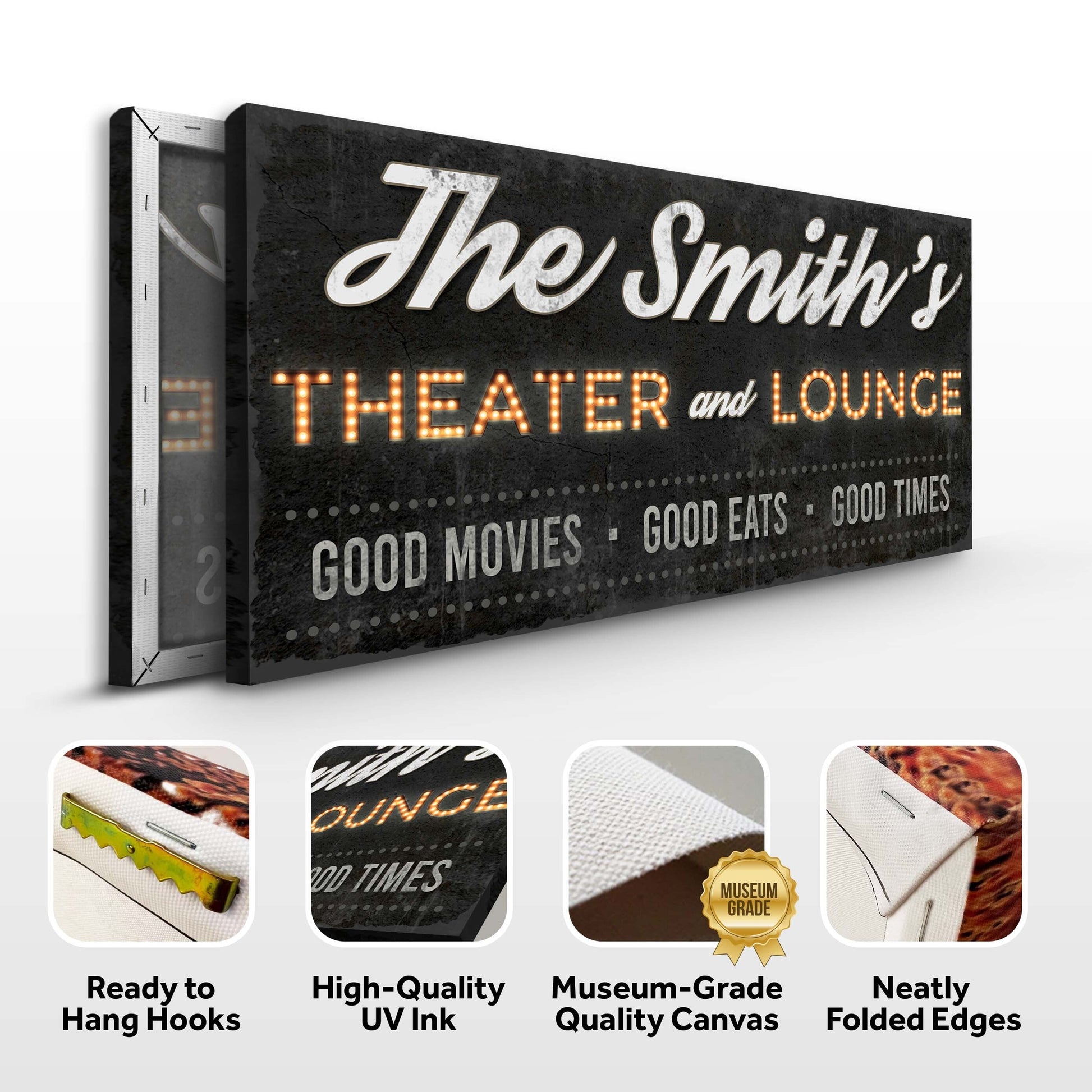 Family Theater and Lounge Sign III canvas by Tailored Canvases dark, lit marquee on Tampa Home & Garden Store