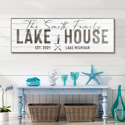Classic Family Lake House Sign canvas with white wood and brown lettering Tailored Canvases on Tampa Home & Garden Store
