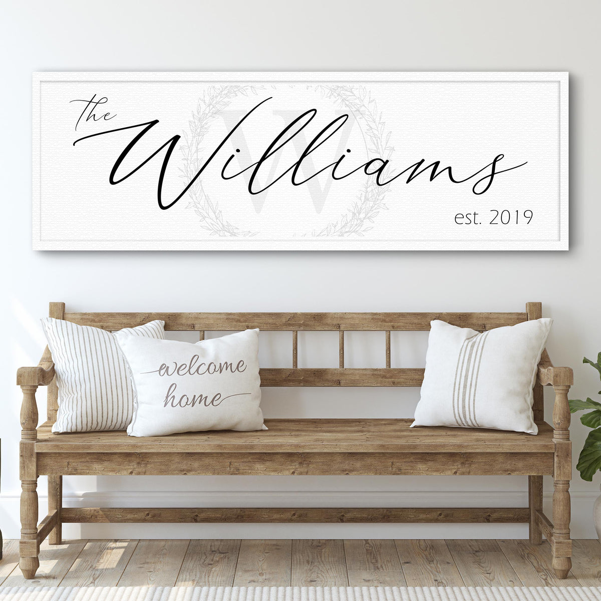 Family Sign XVI canvas by Tailored Canvases; white canvas with Williams script and wreath on Tampa Home & Garden Store