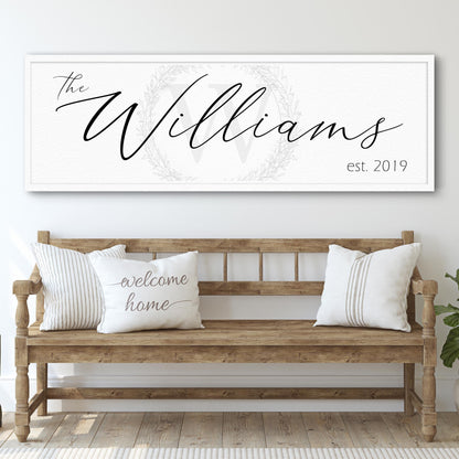 Family Sign XVI canvas by Tailored Canvases; white canvas with Williams script and wreath on Tampa Home & Garden Store