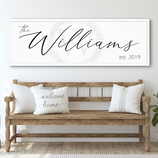 Family Sign XVI canvas by Tailored Canvases; white canvas with Williams script and wreath on Tampa Home & Garden Store