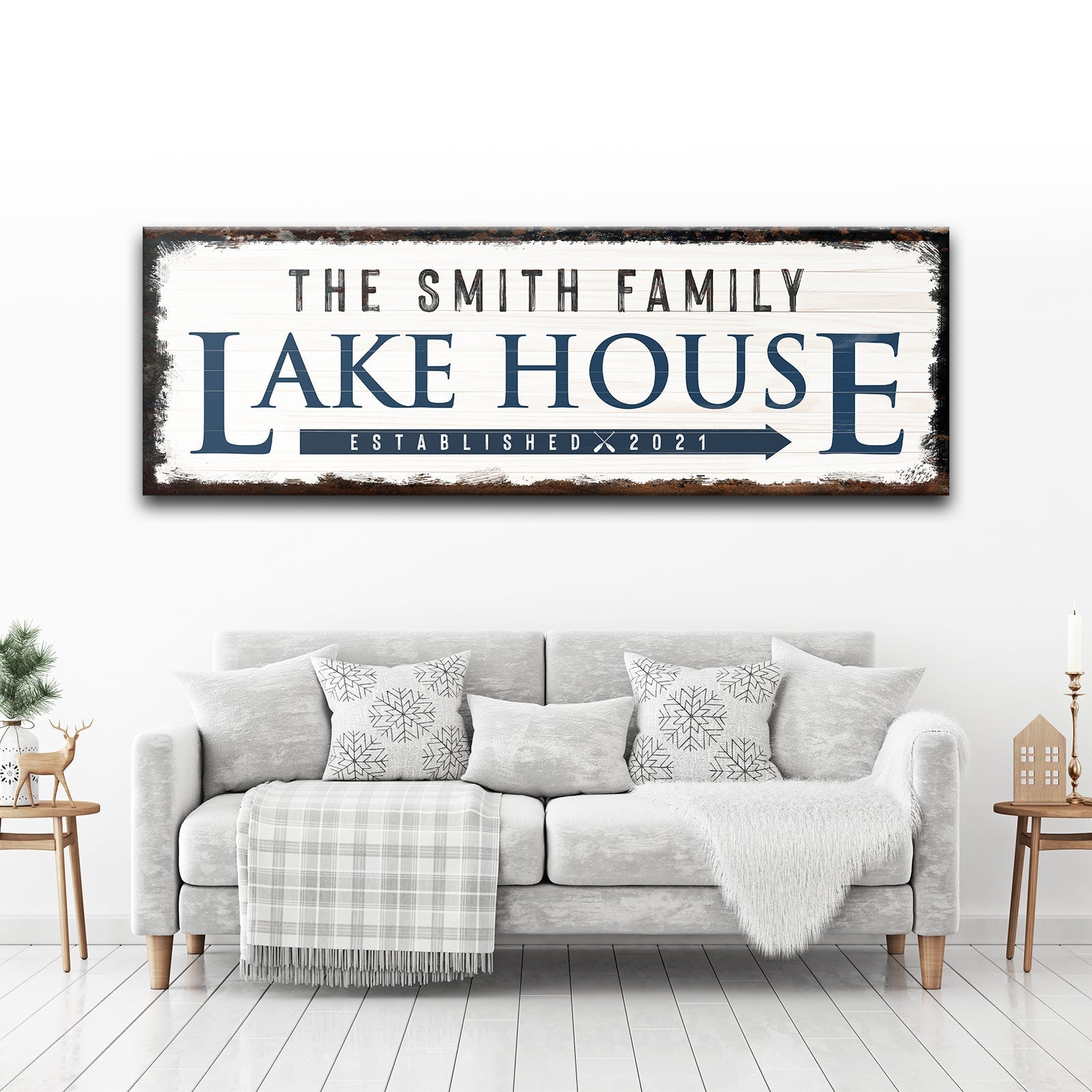 Canvas wall art The Smith Family Lake House sign with blue lettering and distressed border on Tampa Home & Garden Store