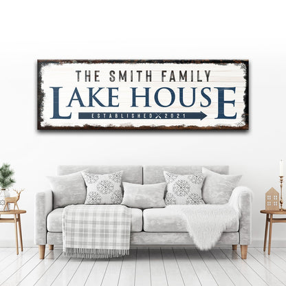 Canvas wall art The Smith Family Lake House sign with blue lettering and distressed border on Tampa Home & Garden Store