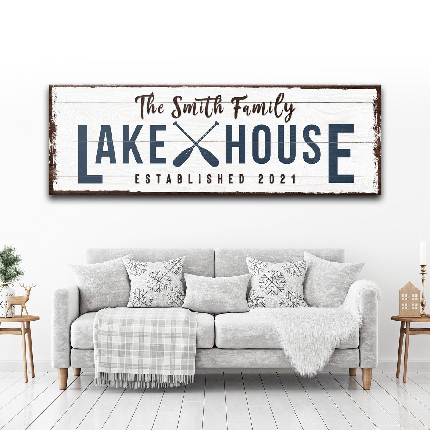 Family Lake House Arrow Sign II canvas wall art navy LAKE HOUSE letters with oars rustic border on Tampa Home & Garden Store