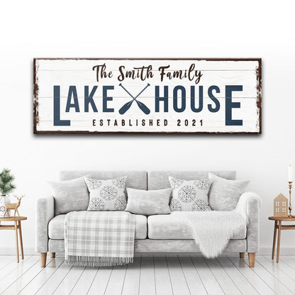 Family Lake House Arrow Sign II canvas wall art navy LAKE HOUSE letters with oars rustic border on Tampa Home & Garden Store