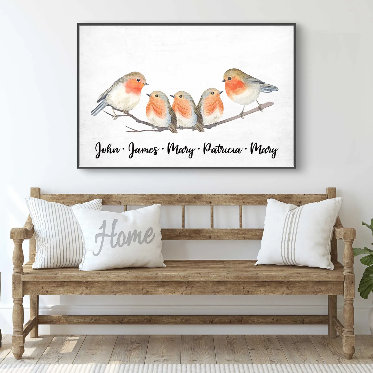 Family Flock of Birds Sign canvas watercolor robins on a branch and names John James Mary on Tampa Home & Garden Store
