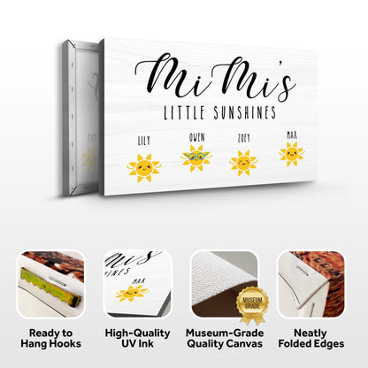 Mimi's Little Sunshines Sign canvas by Tailored Canvases featuring cheerful yellow sun icons on Tampa Home & Garden Store