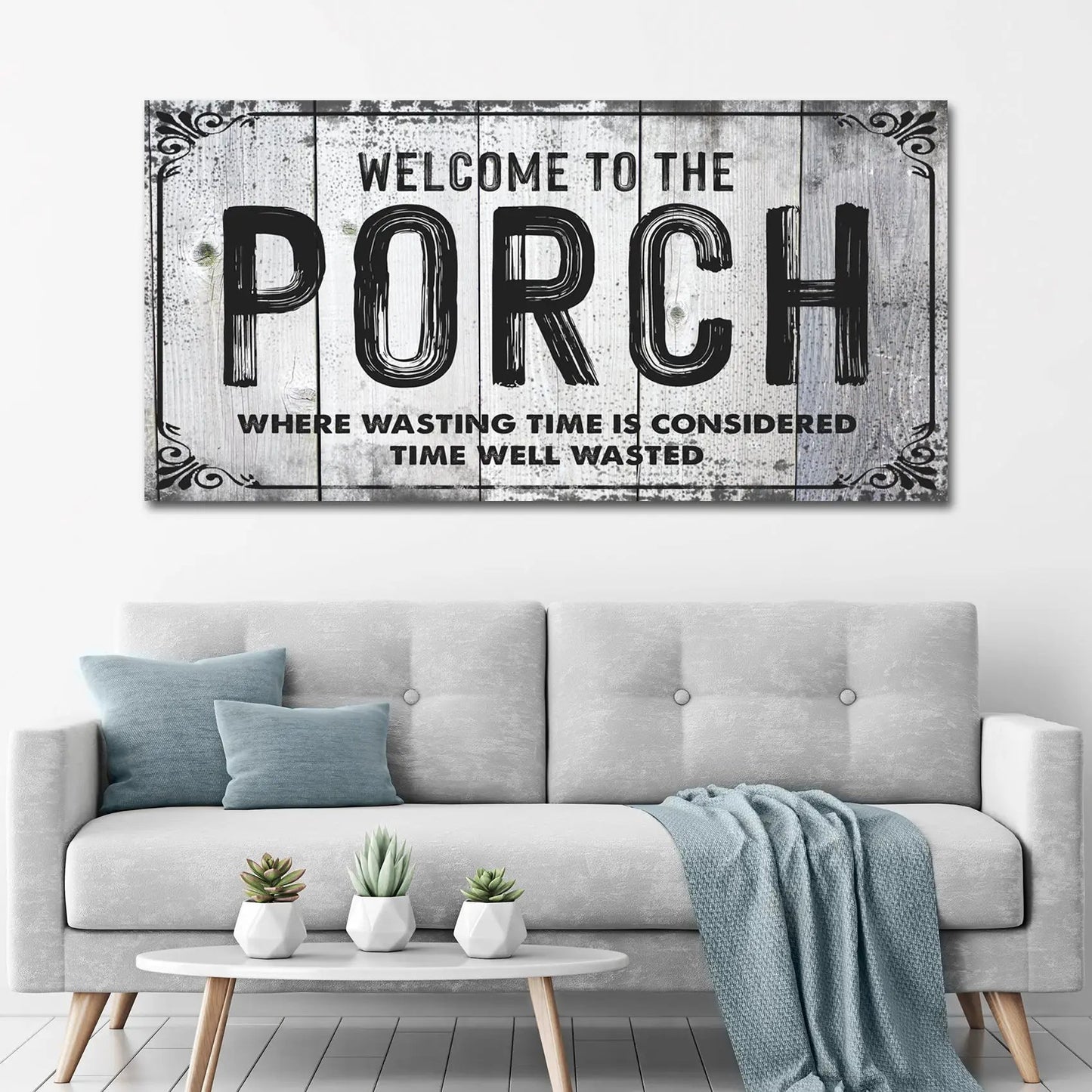 Welcome To The Porch Sign canvas by Tailored Canvases on rustic white wood backdrop on Tampa Home & Garden Store