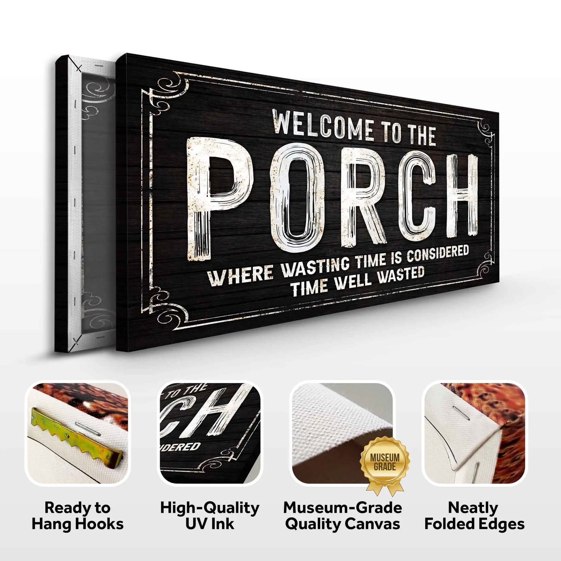 Welcome To Porch Sign VI canvas by Tailored Canvases distressed white lettering on black wood on Tampa Home & Garden Store