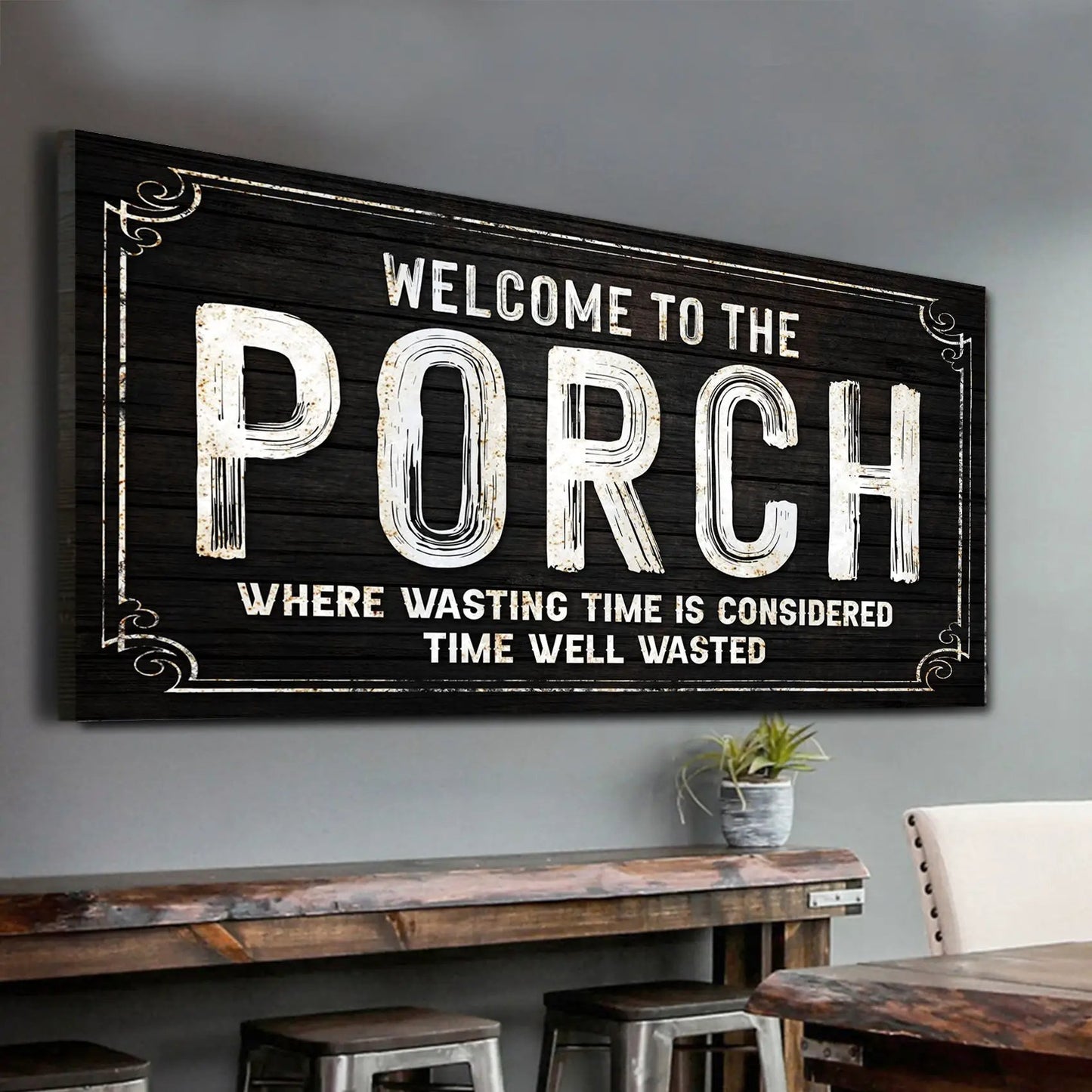 Welcome Porch Sign VI canvas wall art Tailored Canvases distressed white lettering on black wood on Tampa Home & Garden Store