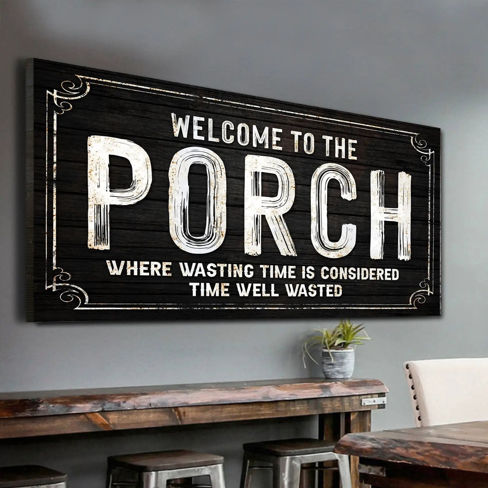 Welcome Porch Sign VI canvas wall art Tailored Canvases distressed white lettering on black wood on Tampa Home & Garden Store