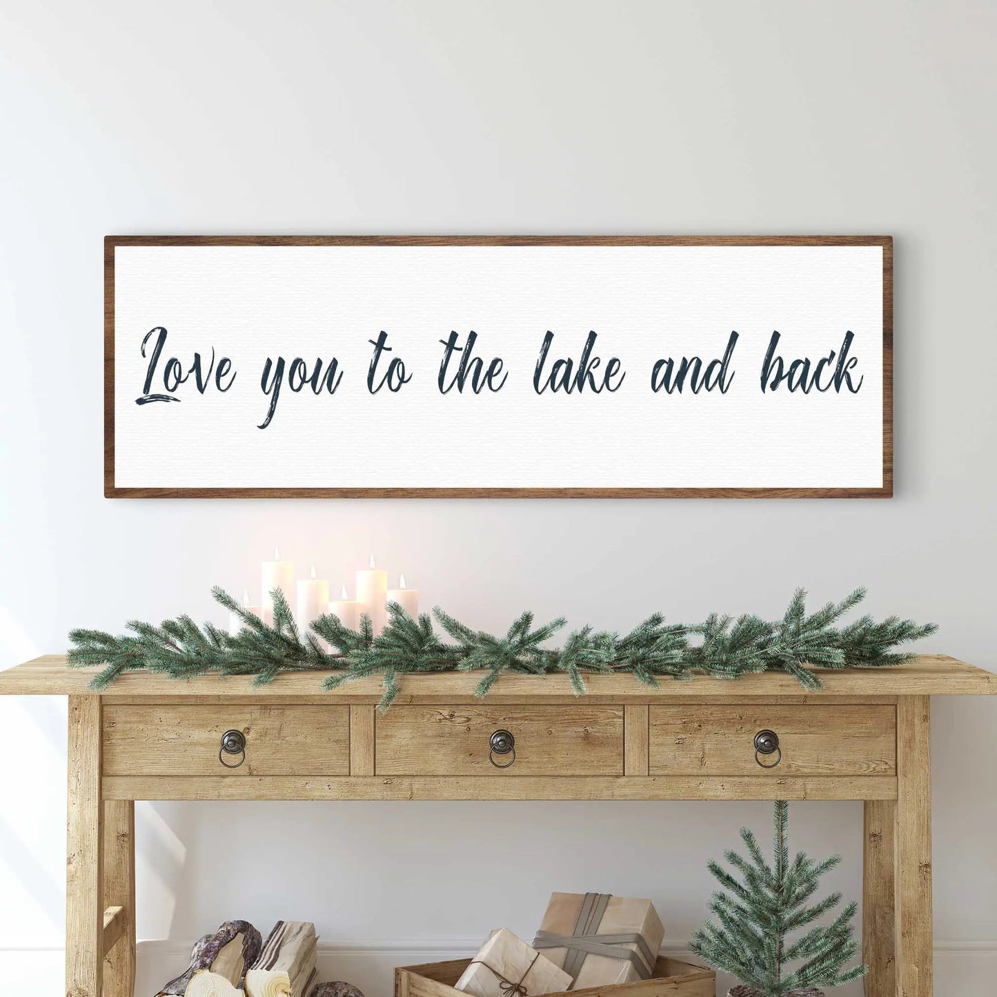 Love You To The Lake And Back Sign II canvas with brown frame and dark script on Tampa Home & Garden Store