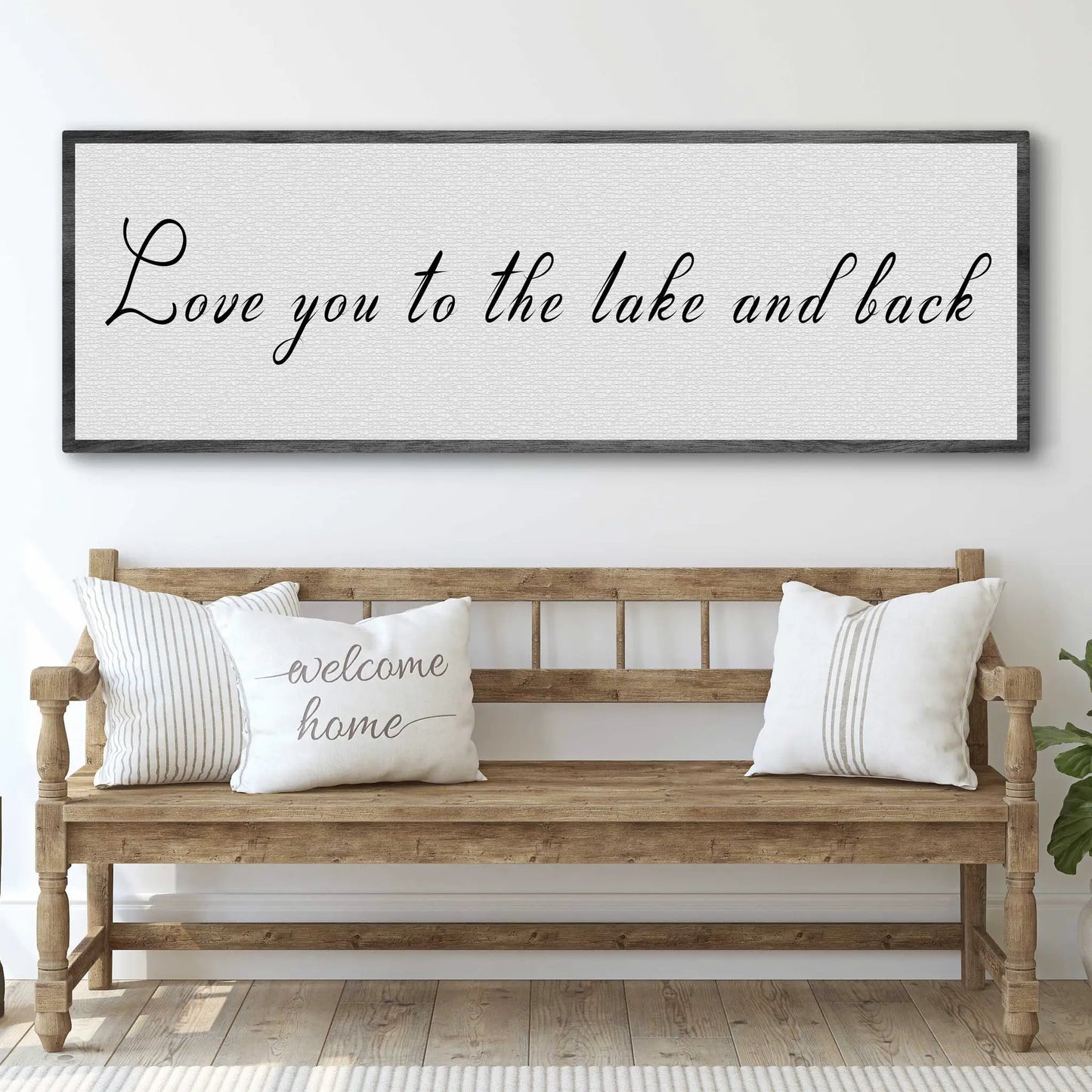 Tailored Canvases Love you to the lake and back sign II canvas with light gray textured surface and dark wood frame on Tampa Home & Garden Store