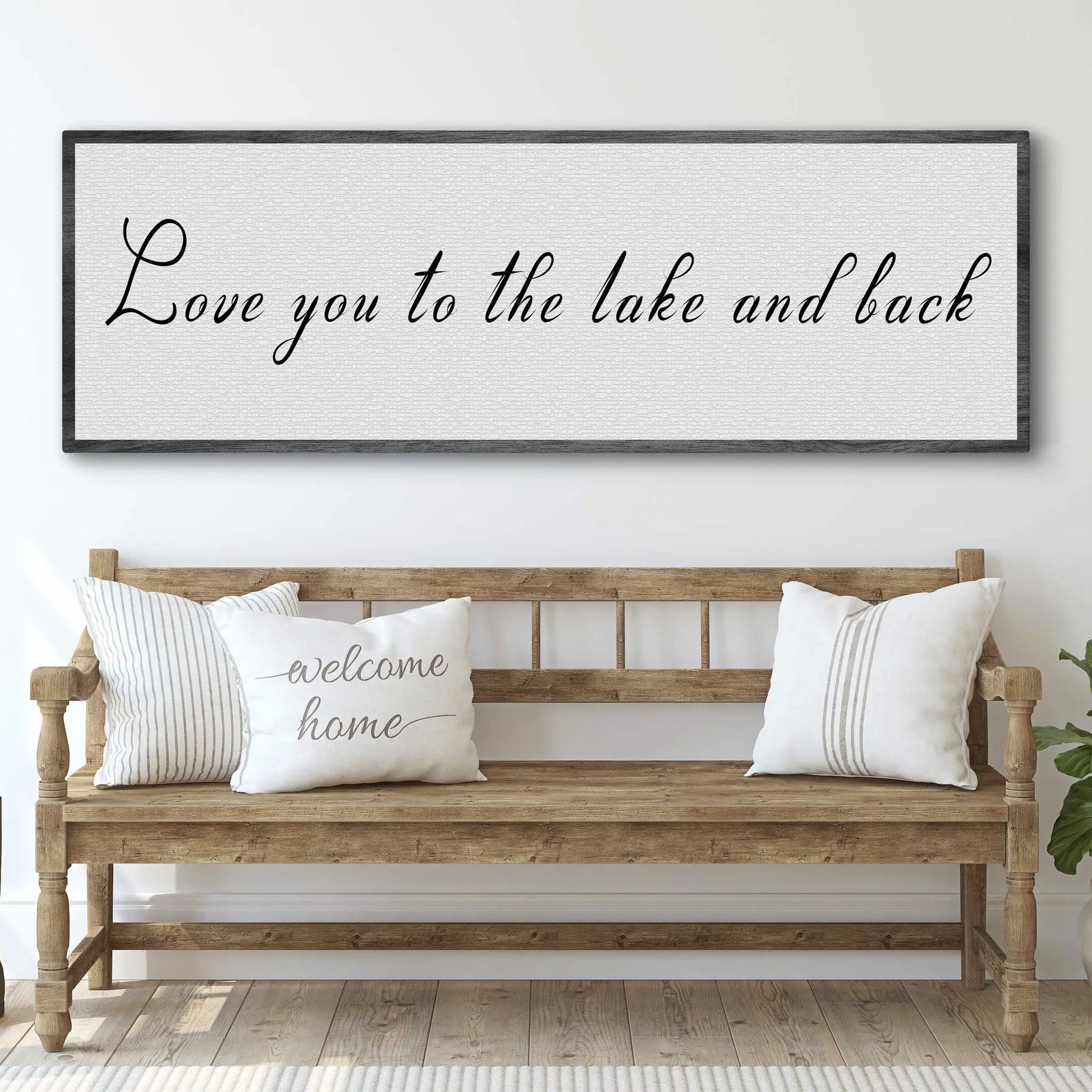 Tailored Canvases Love you to the lake and back sign II canvas with light gray textured surface and dark wood frame on Tampa Home & Garden Store