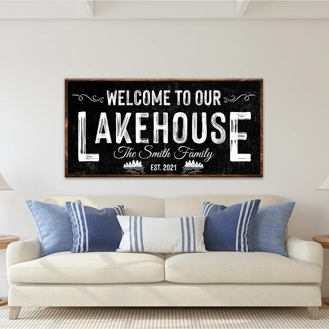 Welcome To Our Lakehouse Sign canvas wall decor with chalkboard typography and wood frame on Tampa Home & Garden Store