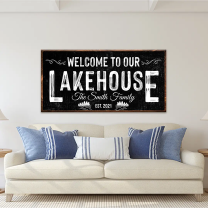 Welcome To Our Lakehouse Sign canvas wall decor with chalkboard typography and wood frame on Tampa Home & Garden Store