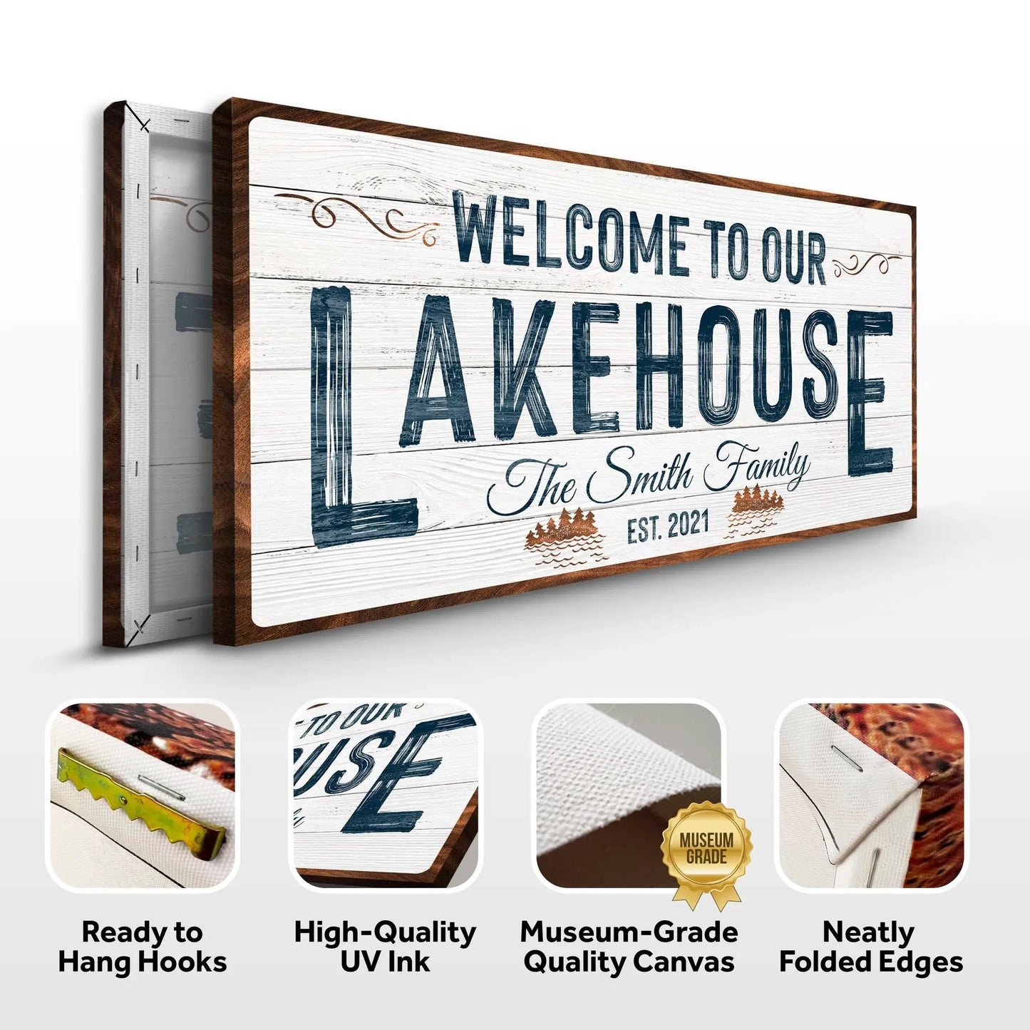 Welcome To Our Lakehouse Canvas Sign with rustic whitewashed wood planks and blue lettering on Tampa Home & Garden Store
