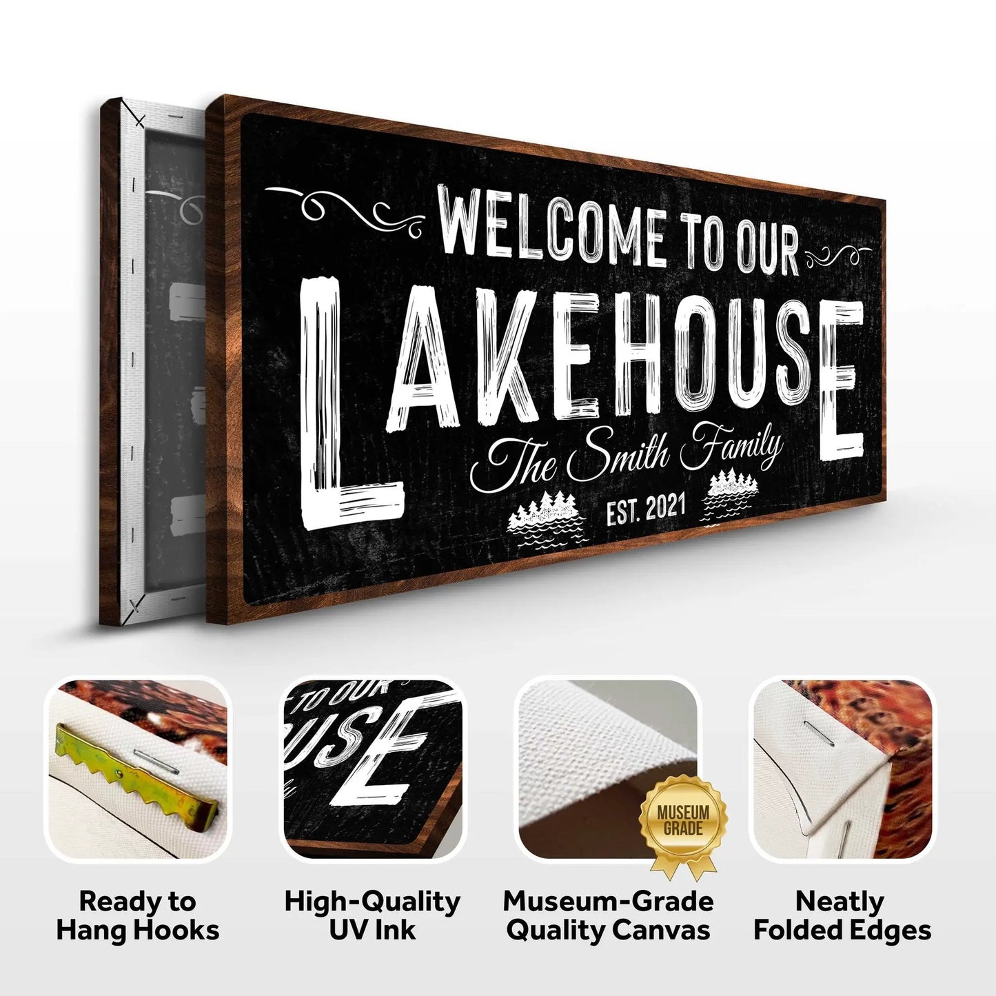 Welcome To Our Lakehouse Canvas Sign by Tailored Canvases with rustic wood frame on Tampa Home & Garden Store