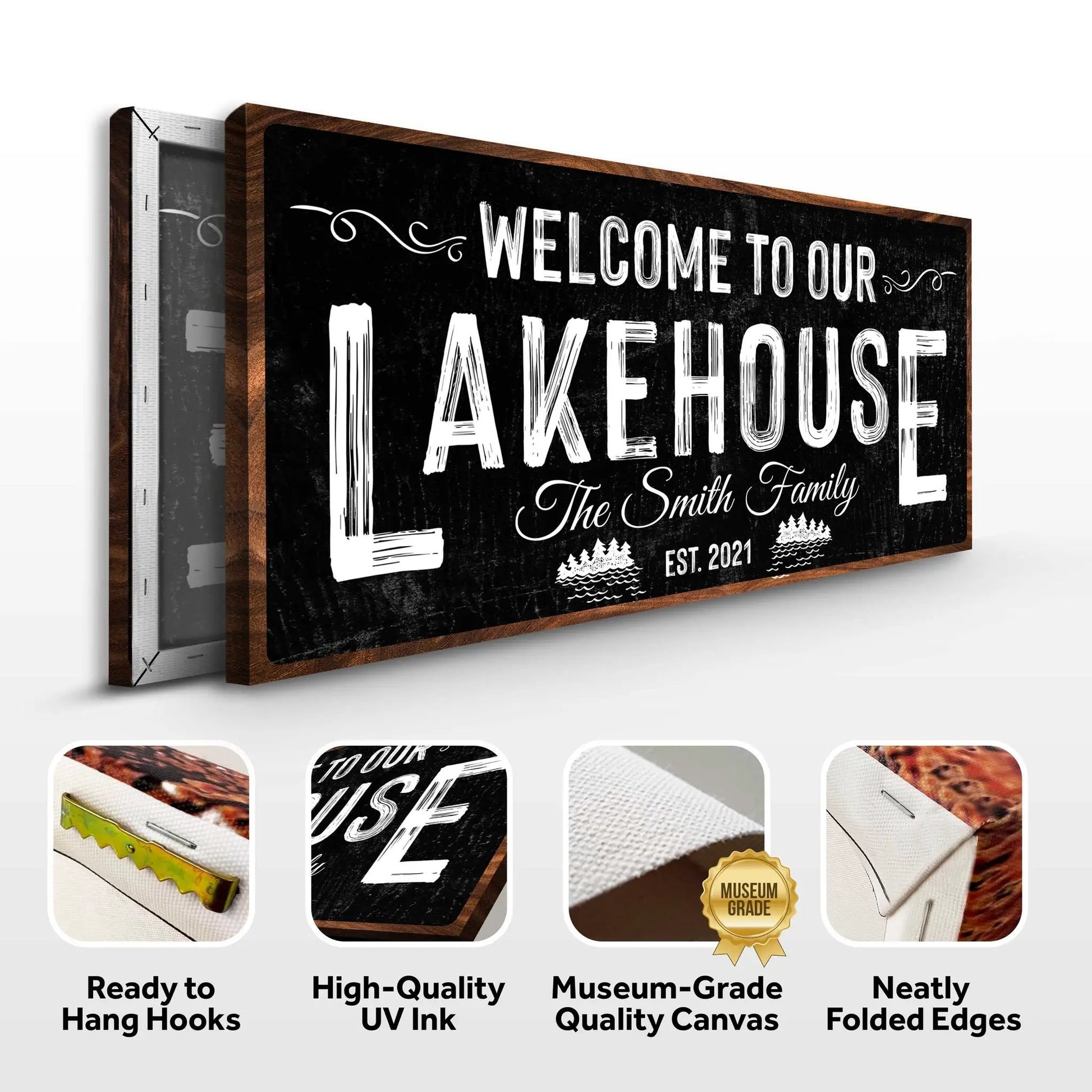 Welcome To Our Lakehouse Canvas Sign by Tailored Canvases with rustic wood frame on Tampa Home & Garden Store